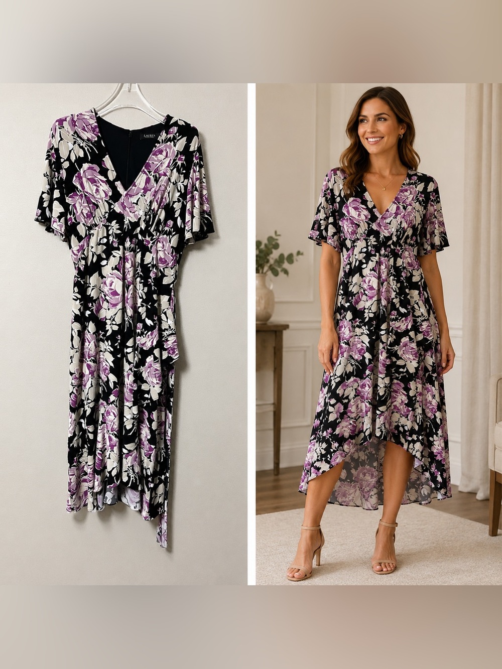 Lauren Ralph Lauren Black Label 14 Floral Faux Wrap Midi Dress Belted Romantic